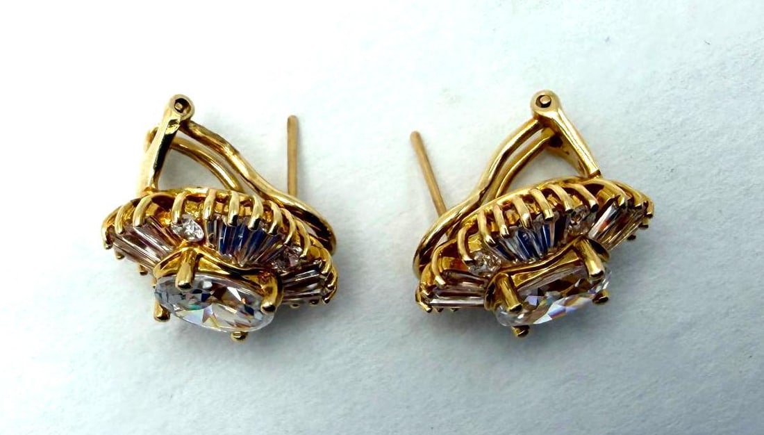 14K Yellow Gold & White Stone Earrings - 3