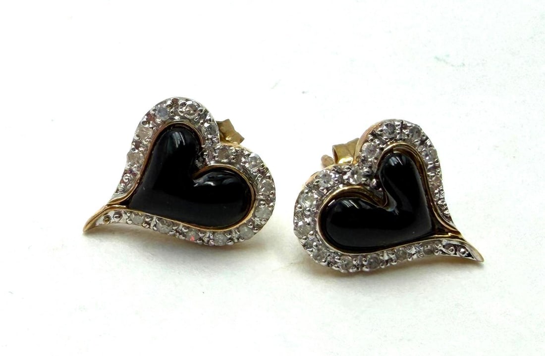 10K Yellow Gold, Diamond & Black Onyx Stud Earrings - 2