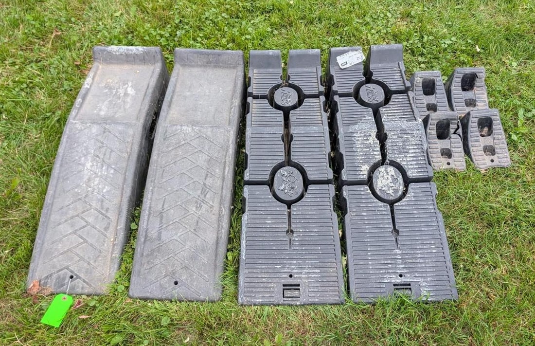 (2) Sets of Poly Automotive Ramps: and (4) wheel chocks, Location: Garage
