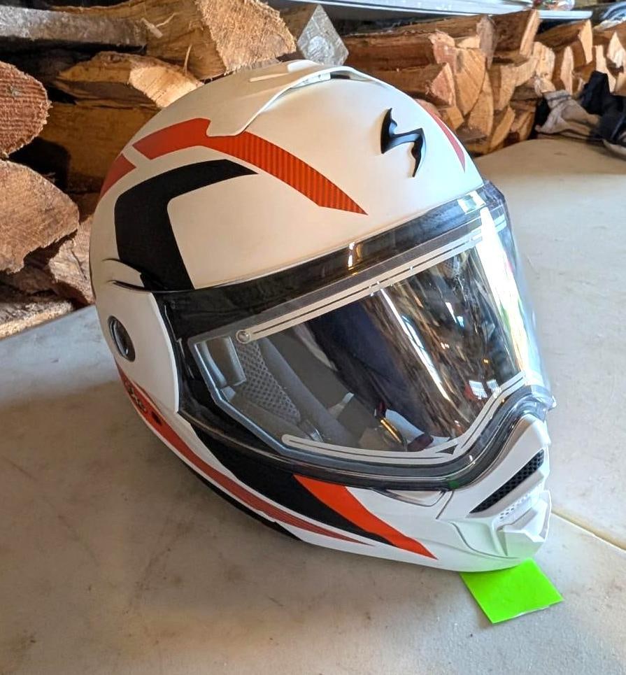 Scorpion EXO-AT960 Motorcycle Helmet: size: M, 2024 dated, with bag and peak/brim, good external condition, we cannot guarantee the condition/efficacy of single use safety equipment, Location: Garage