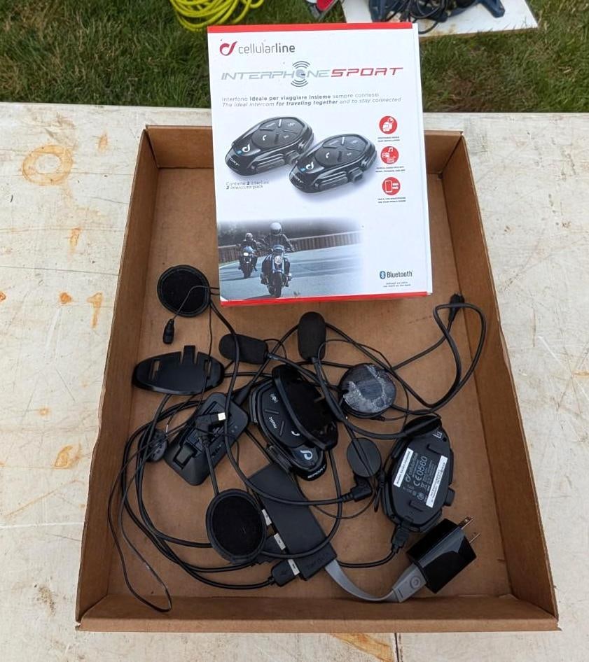 Pair of Cellularline Interphone Sport Comms: includes (2) microphones, headphones, receivers, etc., Location: Garage