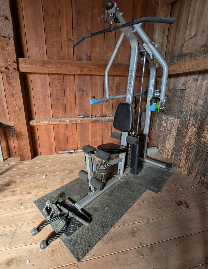 True Brand Multi-Station Home Gym: 77" x 42" x 84" **buyer responsible for removal**, Location: Barn