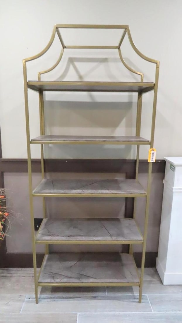 Pair of 5-Tier Patinated Metal Frame Shelf Units: marble finish shelves, 14.5" x 30" x 70.75" in height
