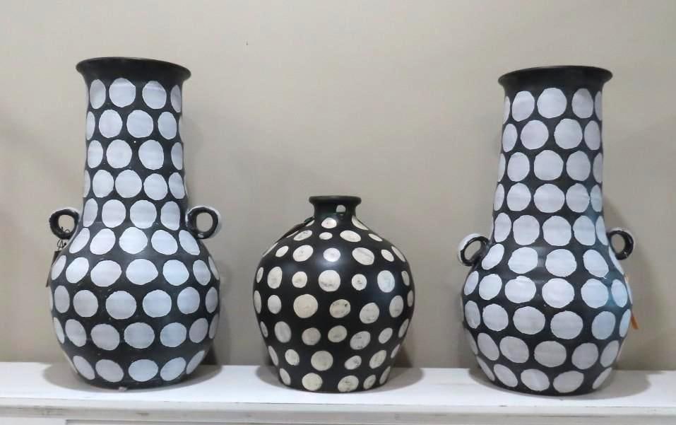 (3) Black & Cream Dotted Glazed Earthenware Urns: 18" and 11" in height