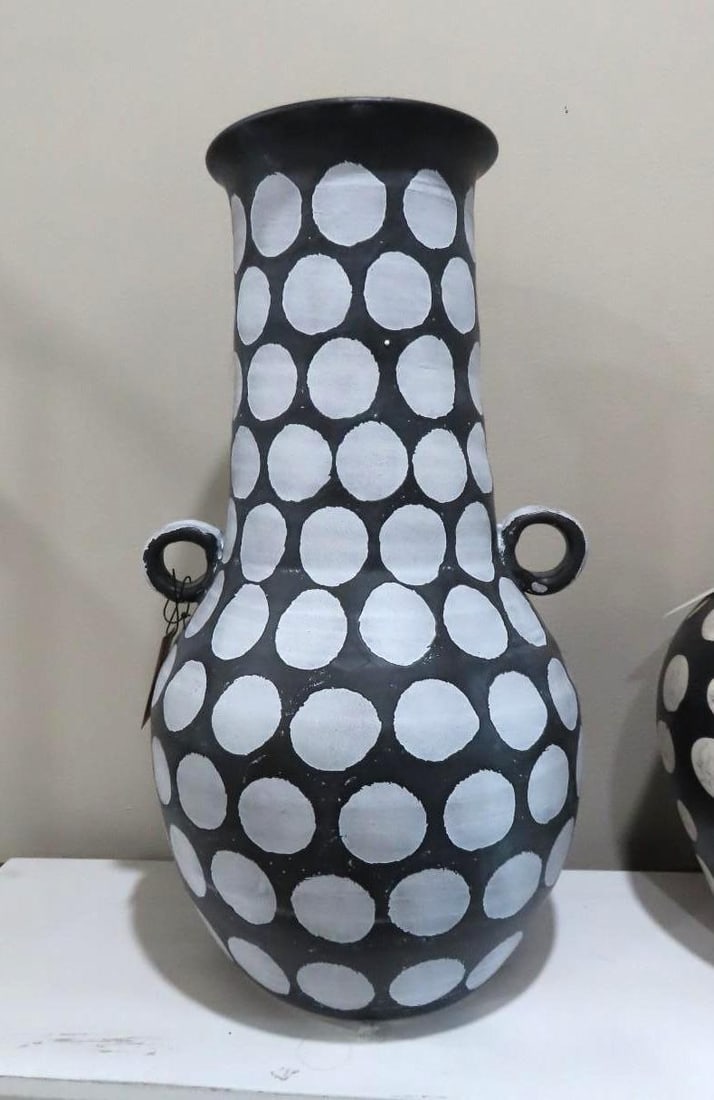 (3) Black & Cream Dotted Glazed Earthenware Urns - 2