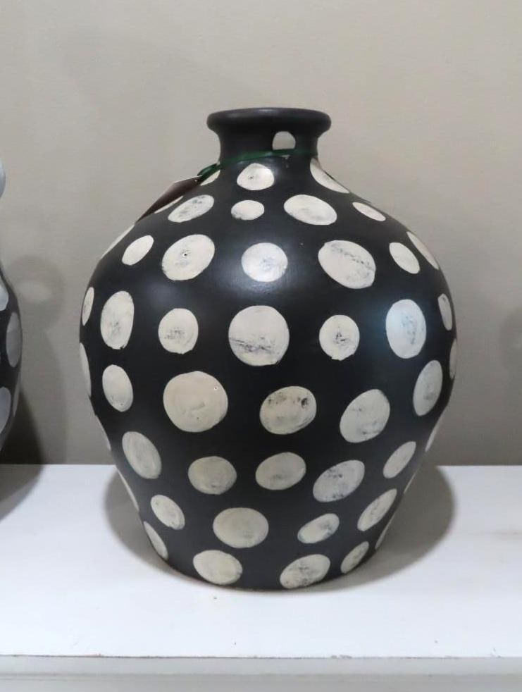 (3) Black & Cream Dotted Glazed Earthenware Urns - 3