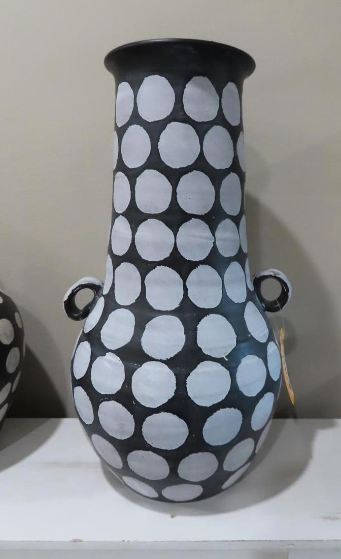 (3) Black & Cream Dotted Glazed Earthenware Urns - 4