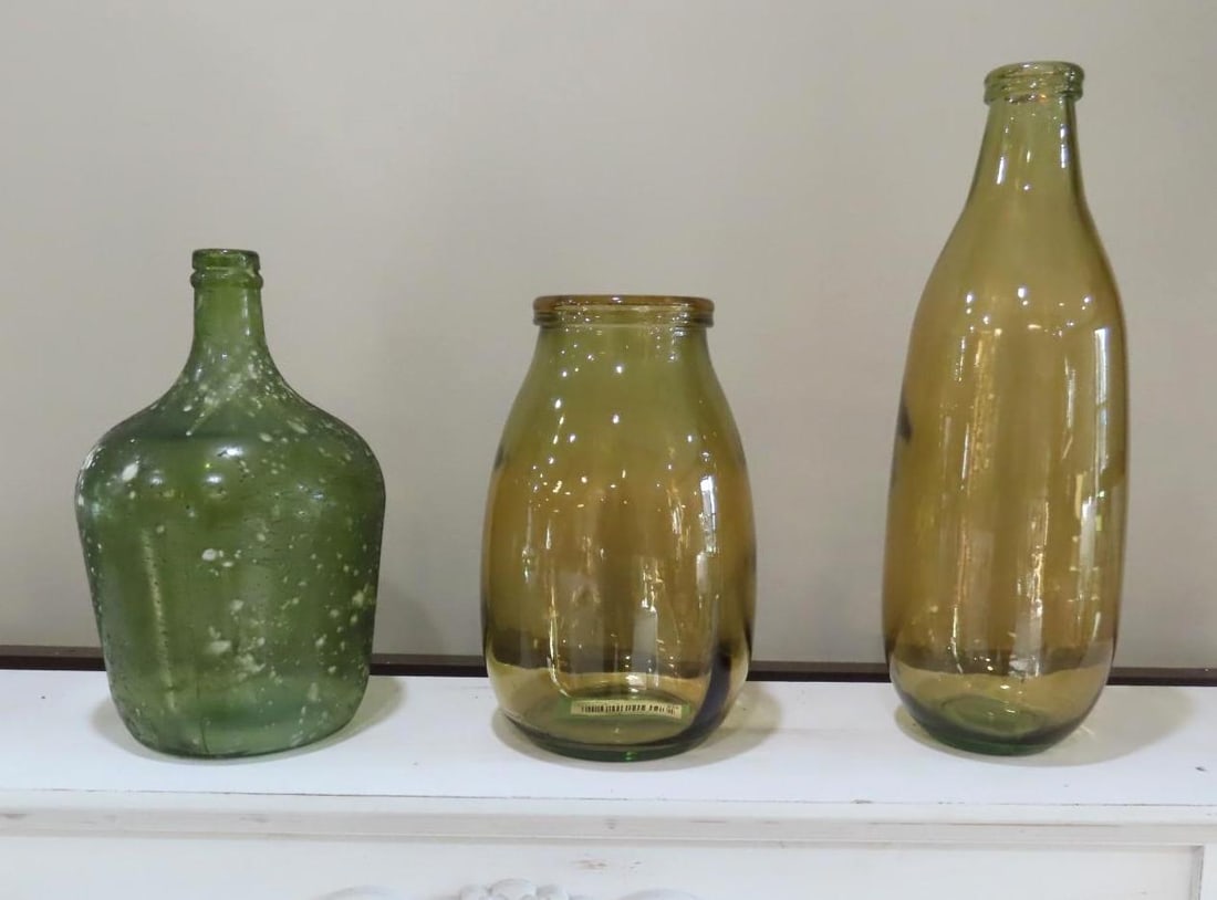 (3) Colored Glass Vessels: ranging in height, tallest is 16"