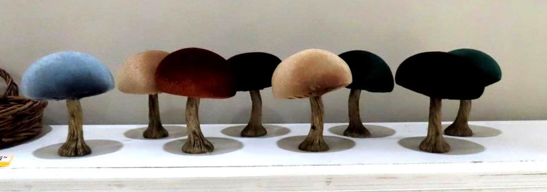 (8) Velvet Mushrooms & Wicker Tray: 4"+/- in height