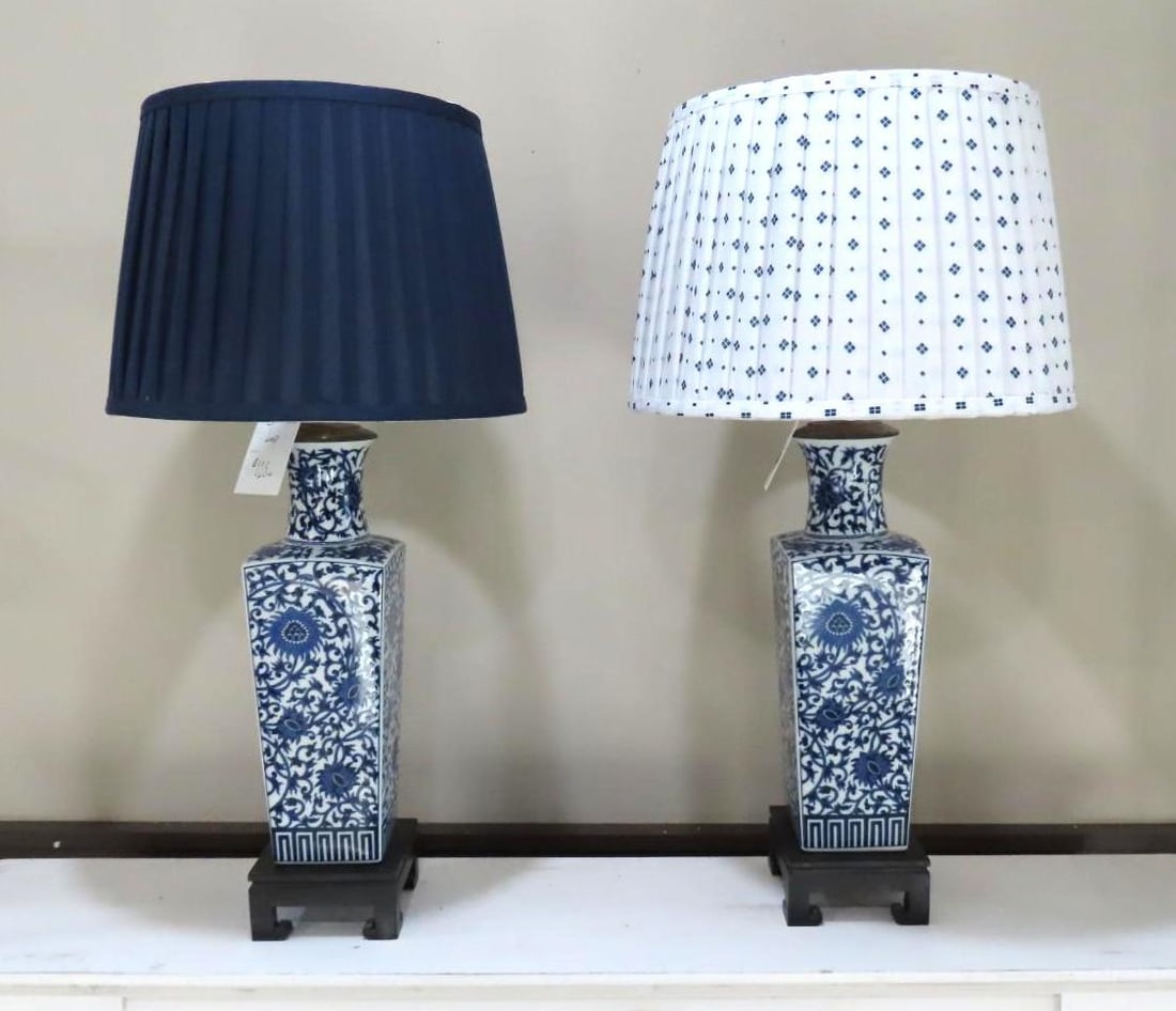 Pair of Blue & White Porcelain Lamps w/ Shades (1 of 3)