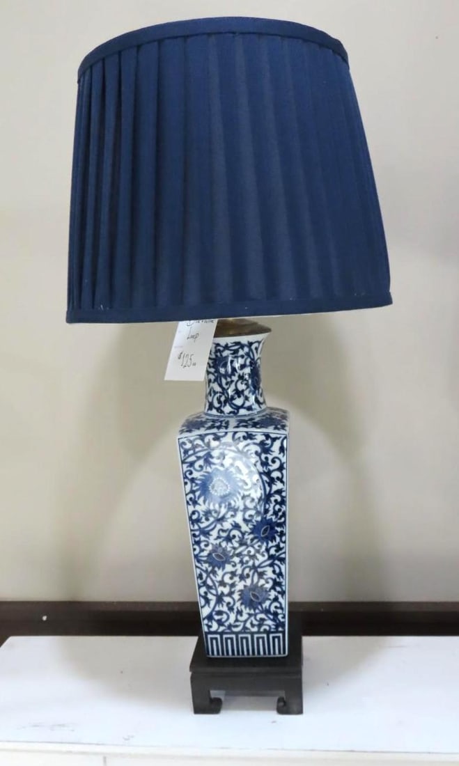 Pair of Blue & White Porcelain Lamps w/ Shades - 2
