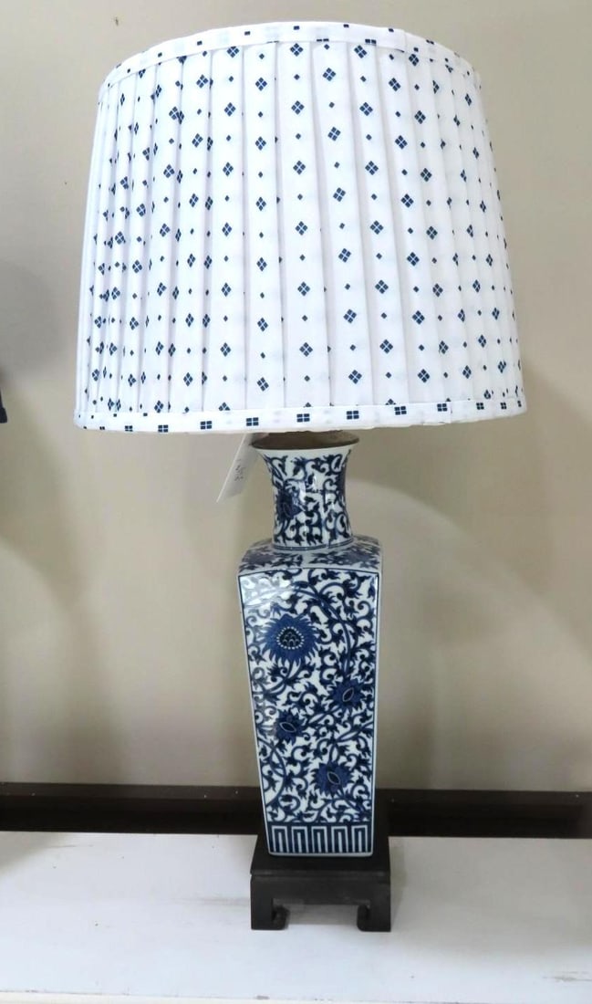 Pair of Blue & White Porcelain Lamps w/ Shades - 3