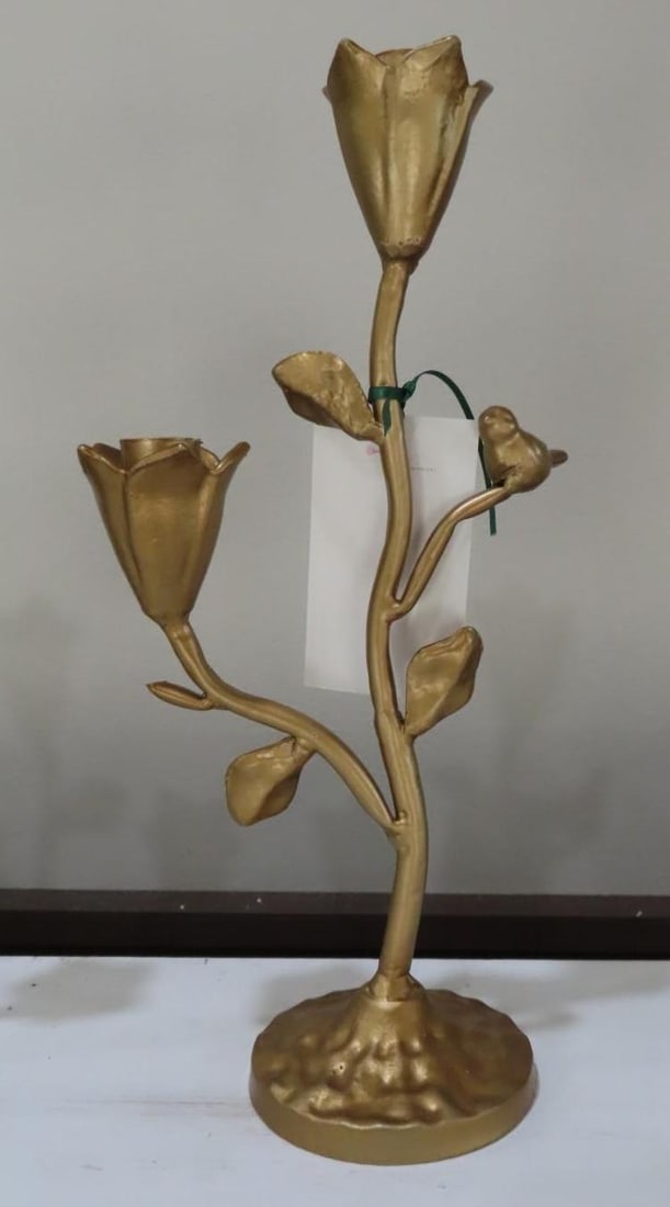(2) Gold Finished Cast Iron Candle Holders - 3