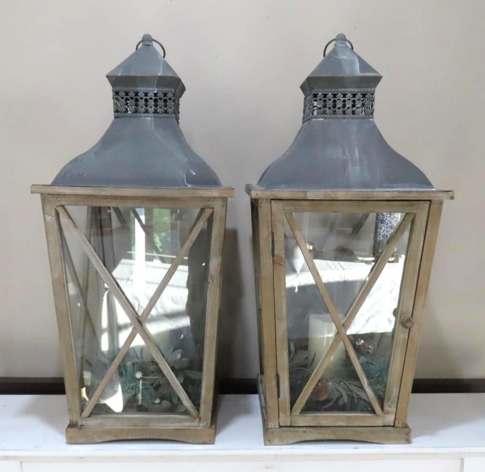 Pair of Tudor Revival Wood Frame Lanterns: 12.5" x 12.5" x 27"