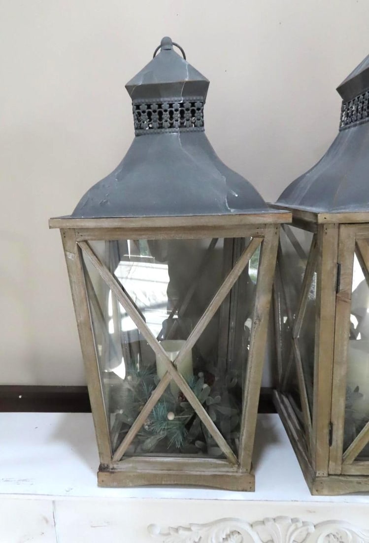Pair of Tudor Revival Wood Frame Lanterns - 2