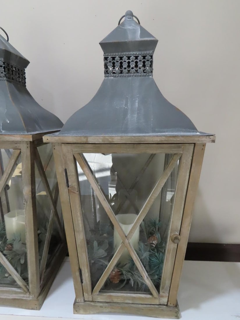 Pair of Tudor Revival Wood Frame Lanterns - 3