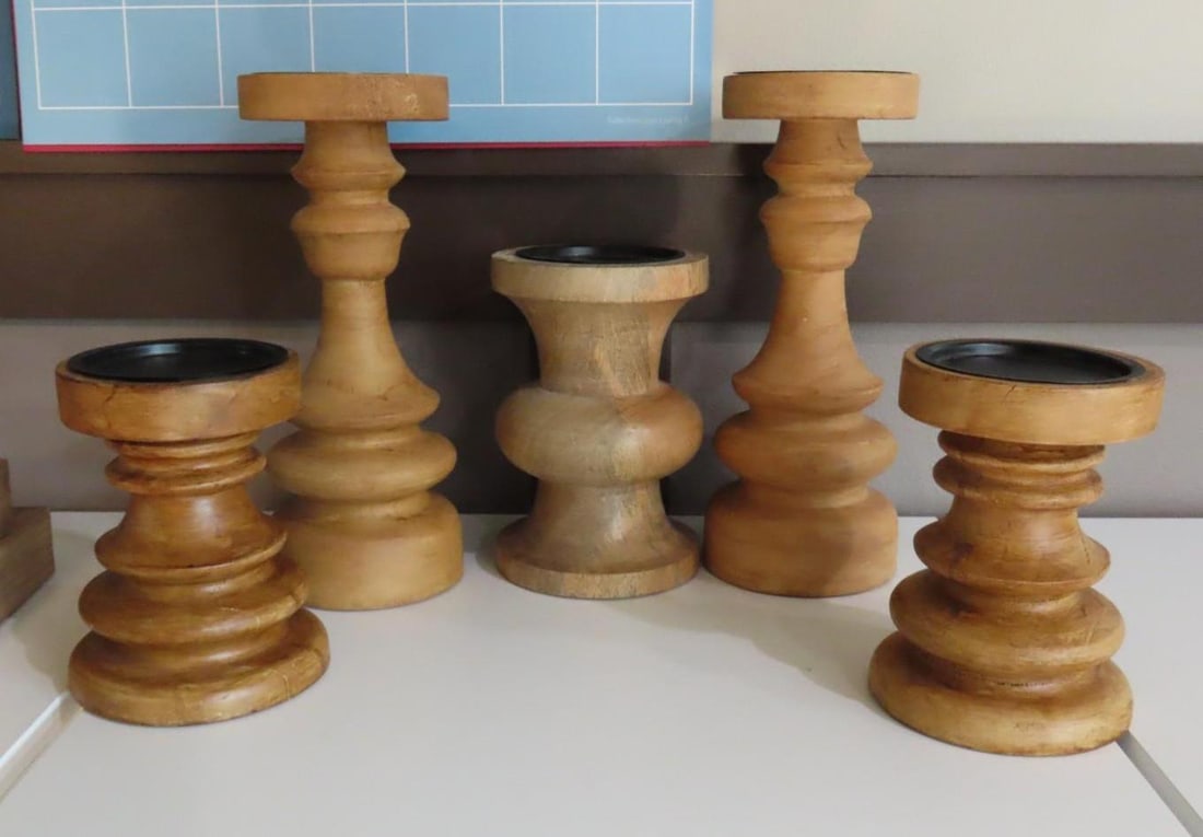 (5) Turned Wood Candle Stands: largest being 12.75" in height