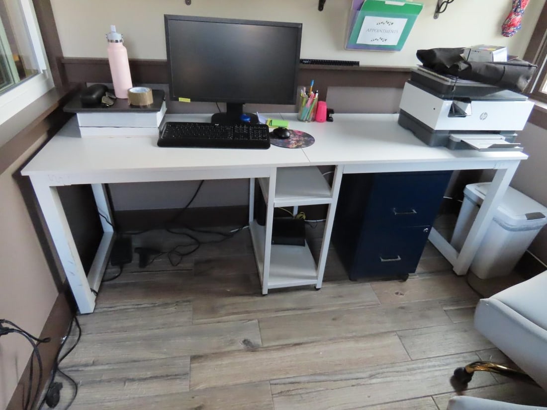 Office Lot: including dry erase board, reusable calendar, (2) rolling chairs, power strips/surge protectors and desk unit (electronic devices not included)