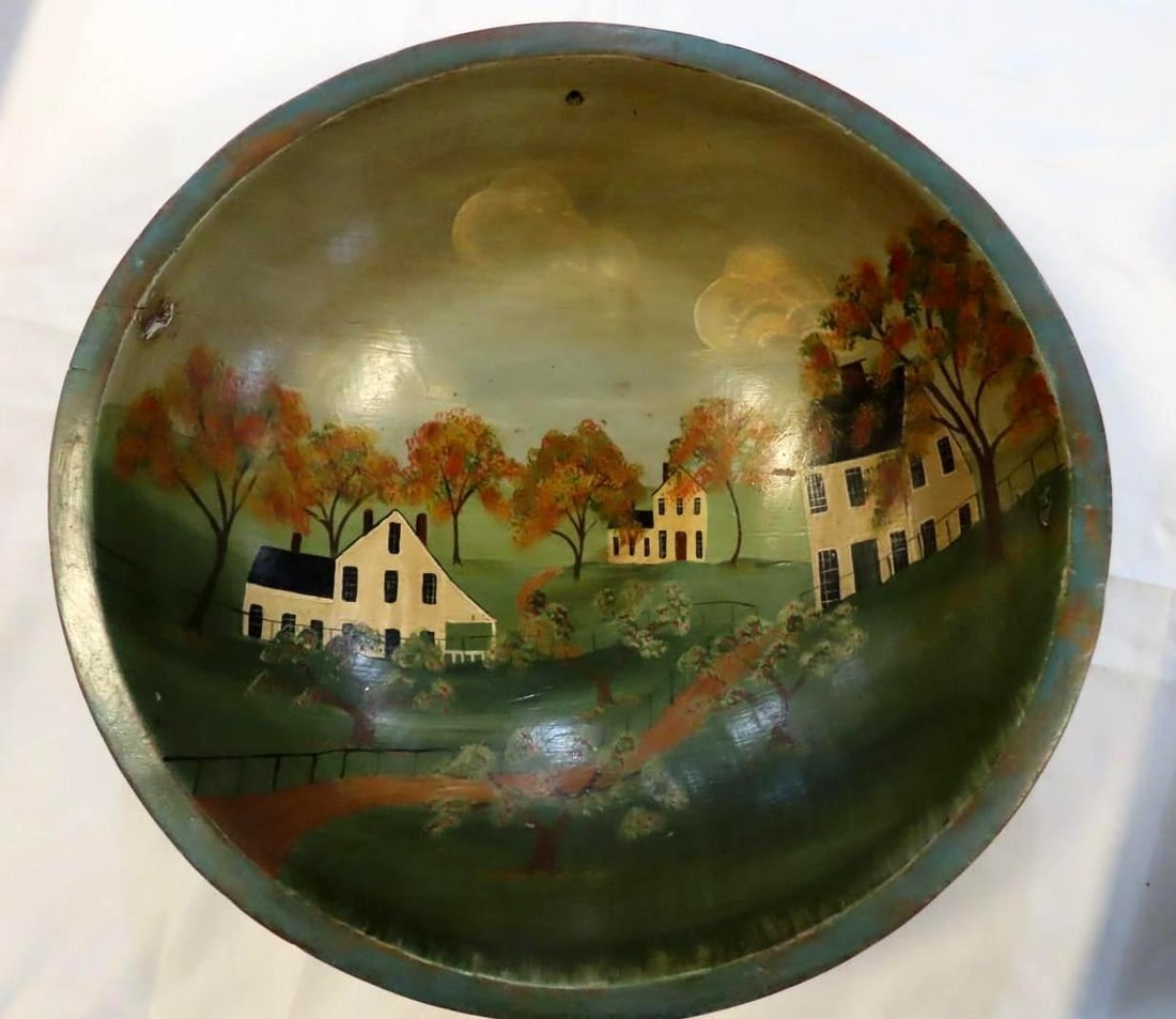 Painted Decorative Wood Bowl & Galvanized Metal Stand: Bowl is sign "HFM '01" & measures 16.75" in diameter