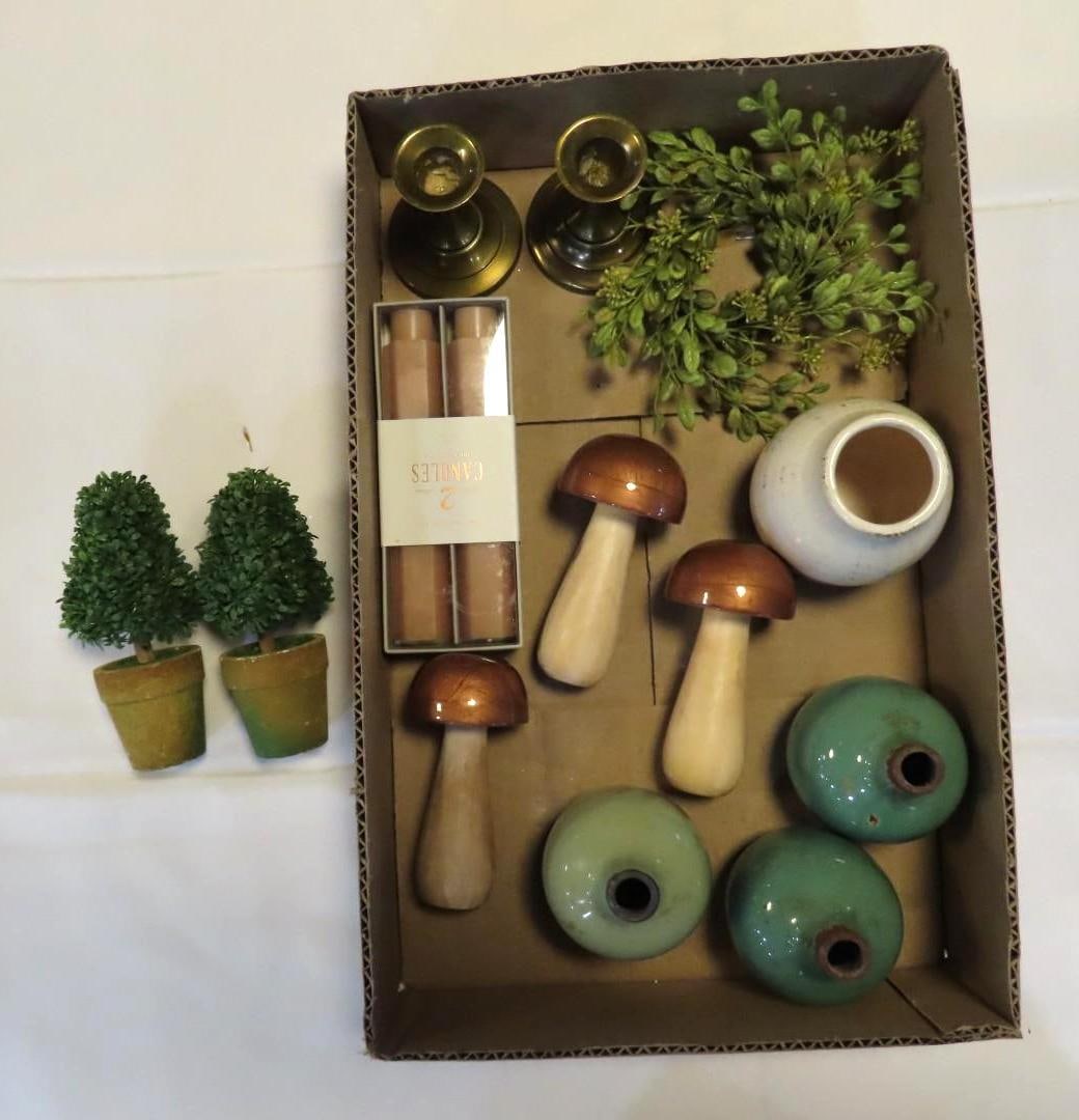 (14) Pieces Asst. Decoratives: including wood mushrooms, ceramics, etc