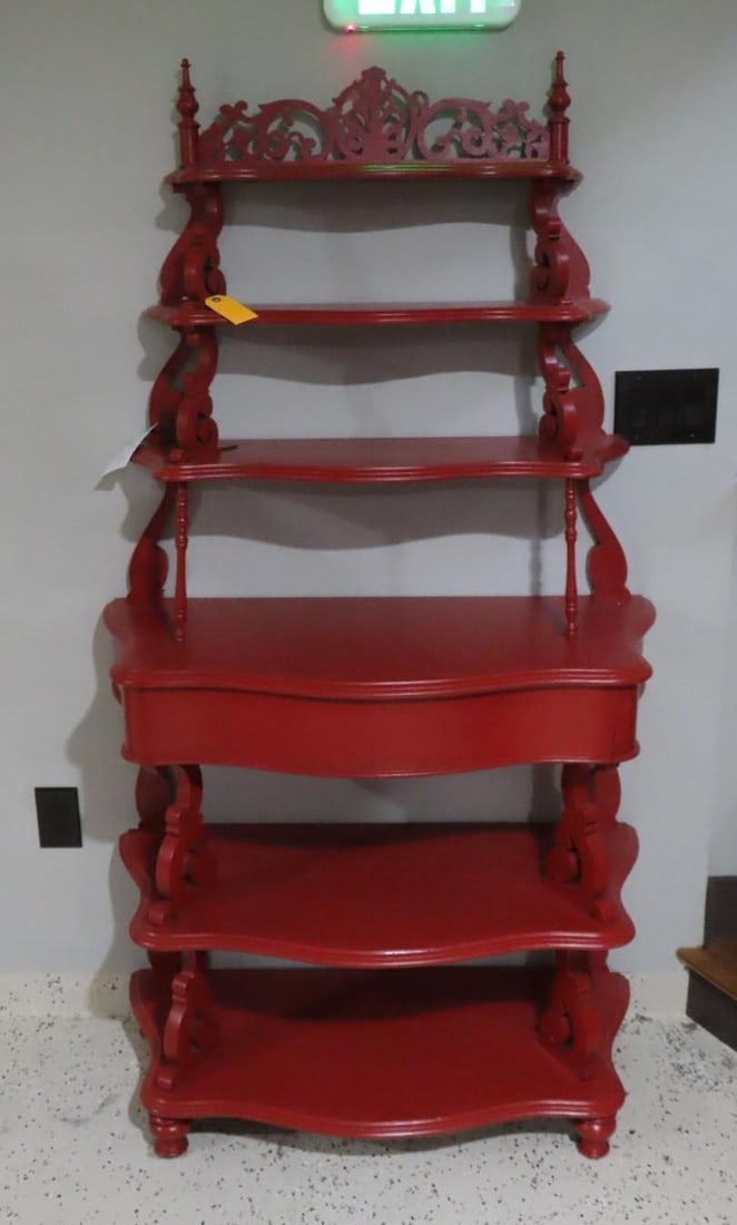 Red Painted Vintage Wood Shelf Unit w/ Drawer: 37" x 17" x 68"