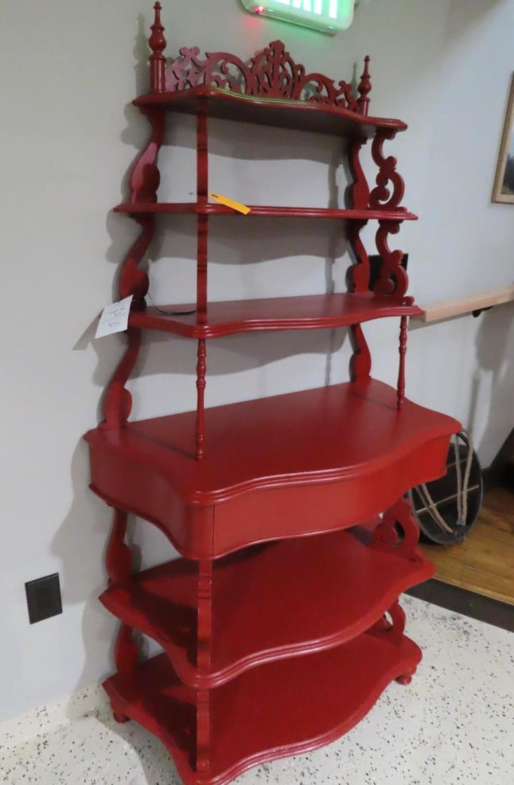 Red Painted Vintage Wood Shelf Unit w/ Drawer - 2