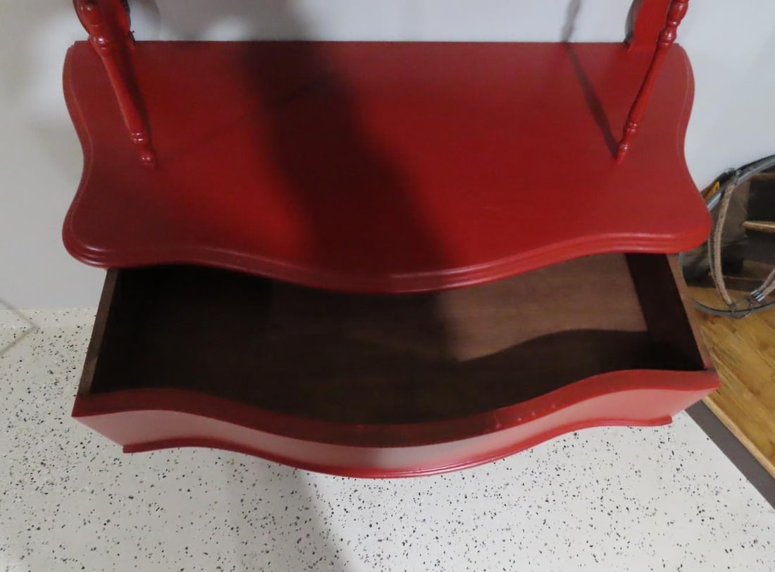 Red Painted Vintage Wood Shelf Unit w/ Drawer - 3