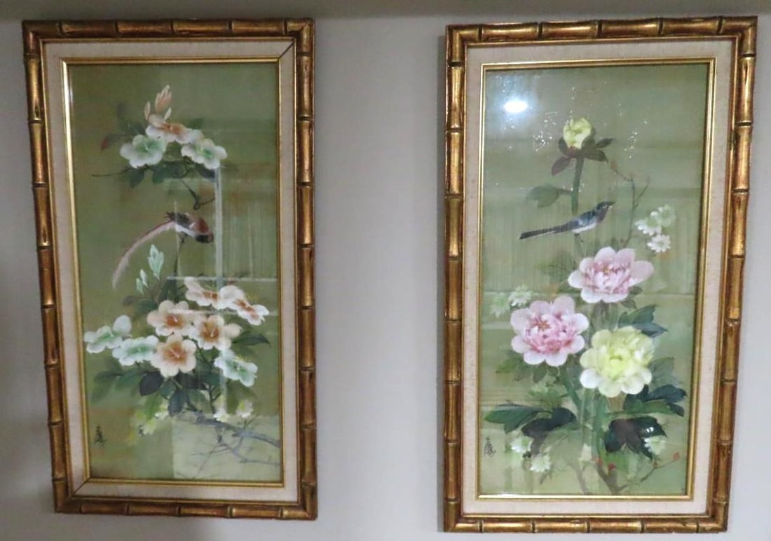 (2) Oriental Botanical Paintings: 15.75" x 25.75" framed