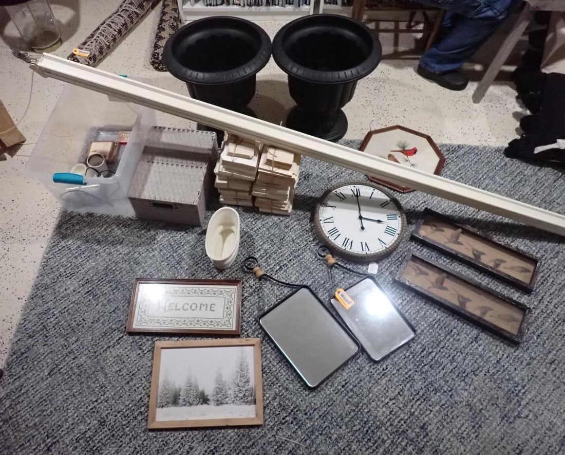 (25) Pieces of Asst. Decor: Including Poly pots, wood chair, window shades, books etc