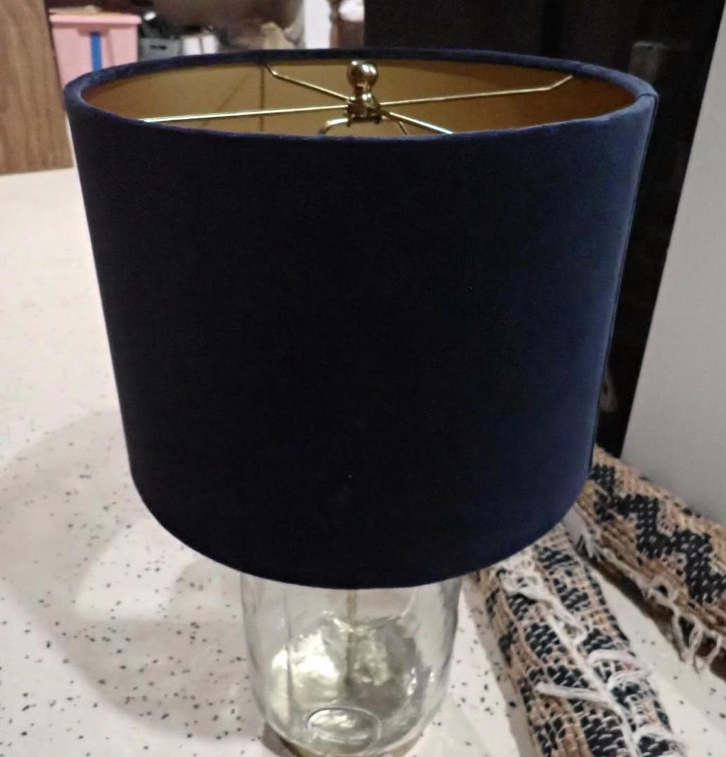 Glass Lamp w/ Blue Velvet Shade: 25" in height