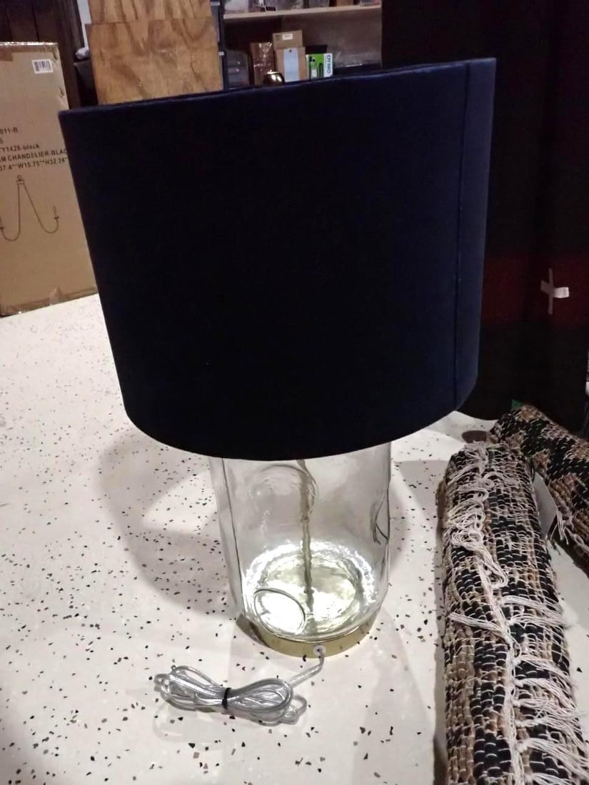 Glass Lamp w/ Blue Velvet Shade - 2