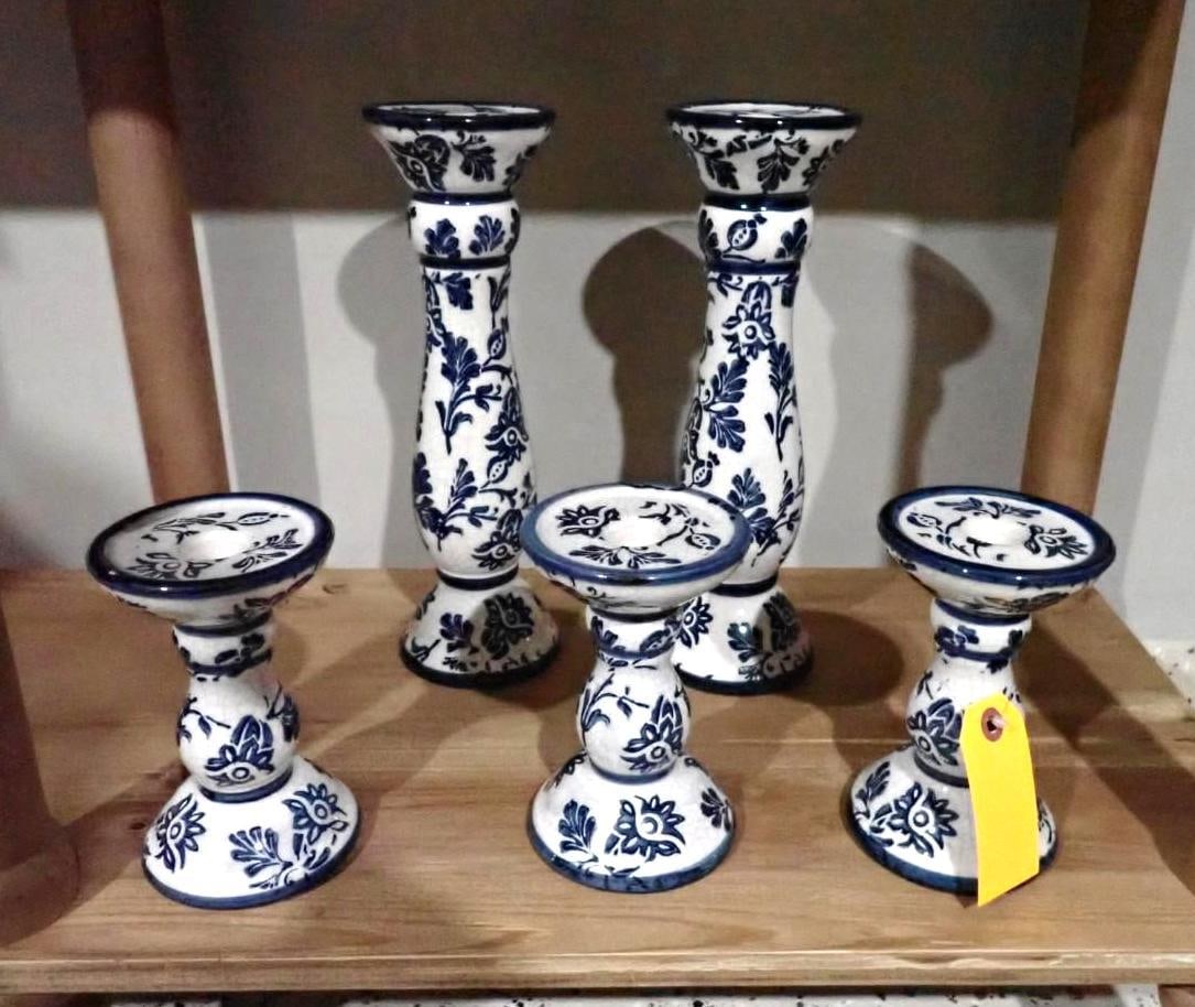 (5) Blue & White Glazed Candlesticks: 12" and 6" in height