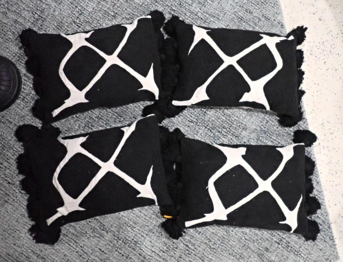 (4) Black & White Lumbar Pillows w/ Tassels: 26" x 18"