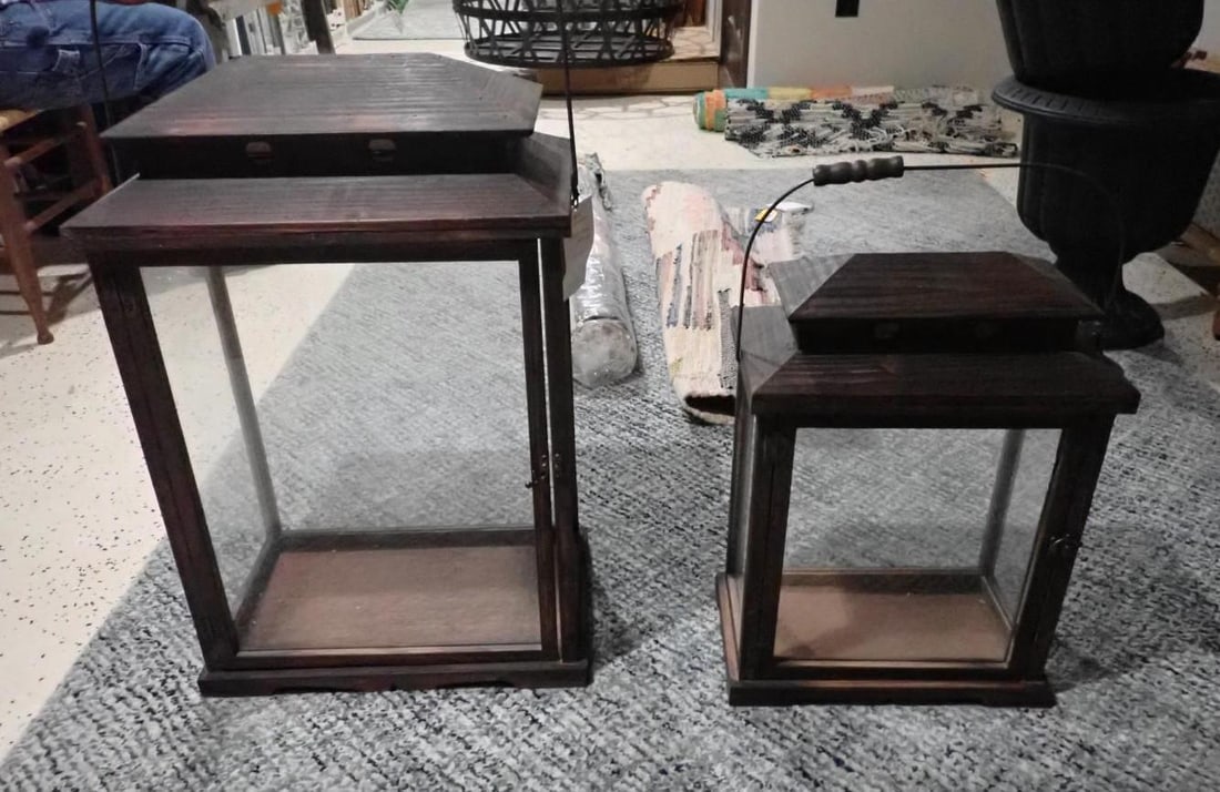 (2) Wood Display Lanterns: 14" x 8" x 23" and 18" x 11.5" x 31"