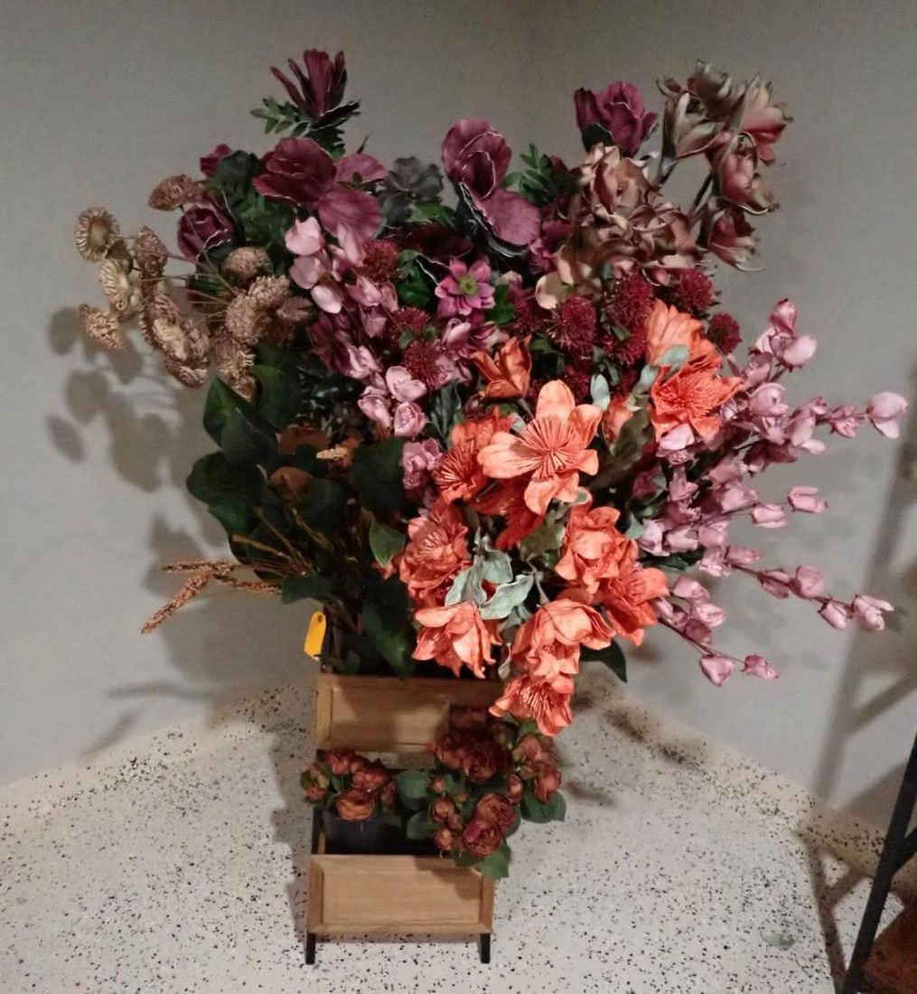 3-Tier Metal & Wood Display w/ Assortment of Faux Flower Stems (1 of 5)