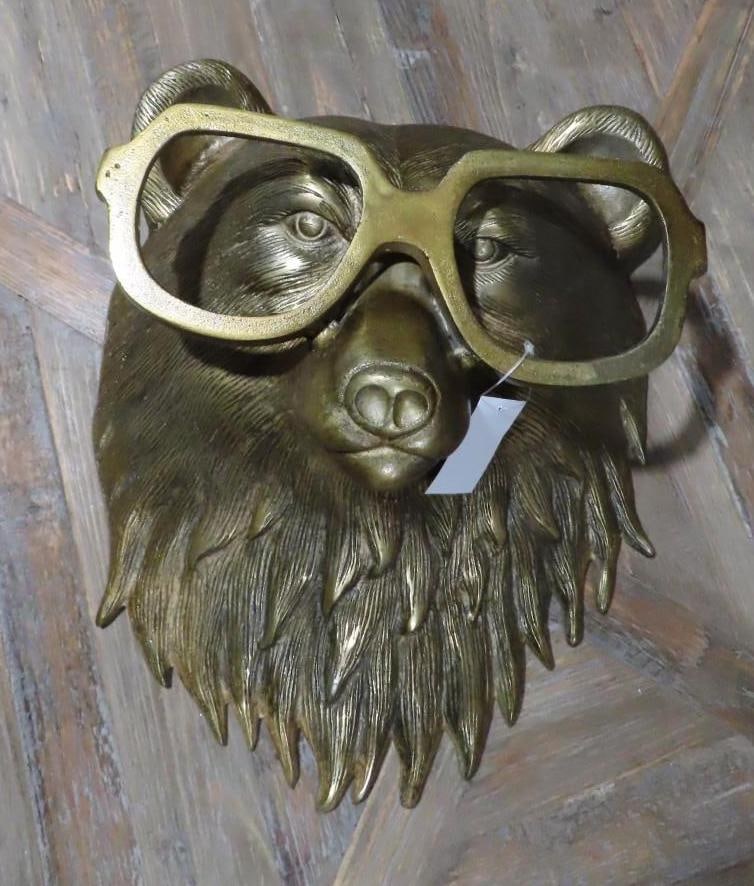 Large Brass Finish Bear w/ Glasses Wall Decorative: 16" in length