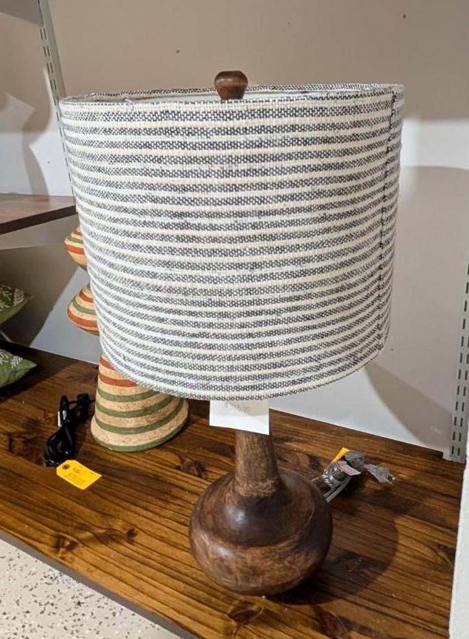 Turned Wood Table Lamp w/ Linen Shade - 3