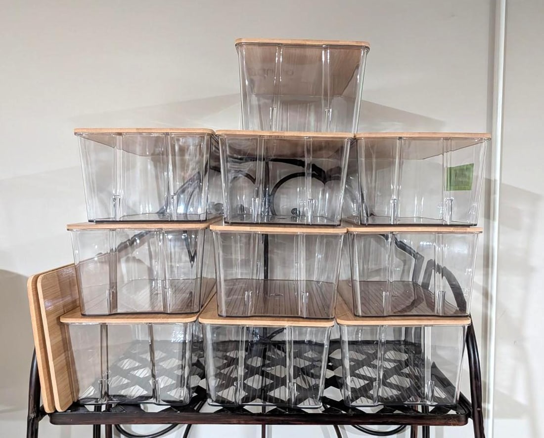 (10) Clear Poly Storage Bins w/Bamboo Lids: 6.75" x 11" x 4.25"