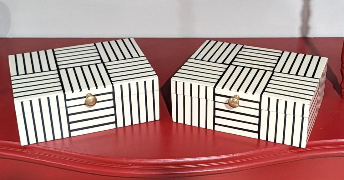 (2) Black & White Pattern Veneered Covered Boxes: 8" x 6" x 3"
