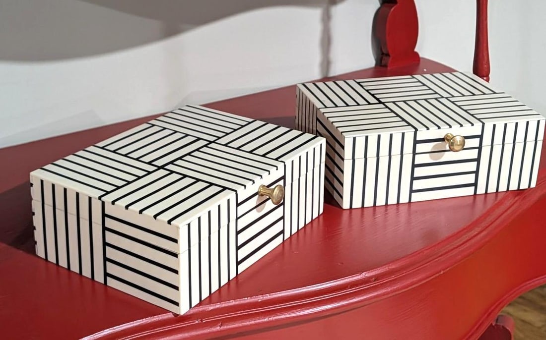(2) Black & White Pattern Veneered Covered Boxes - 2