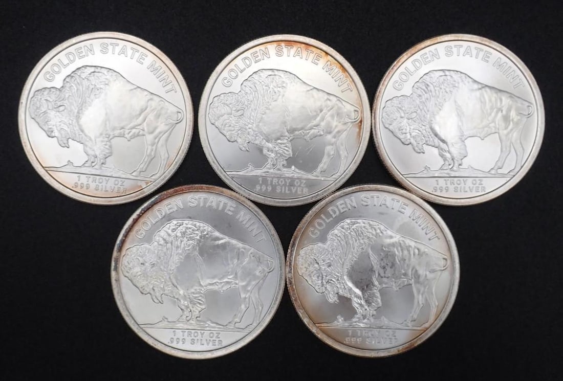 (5) Golden State Mint Buffalo 1 Ounce .999 Silver Rounds - 3