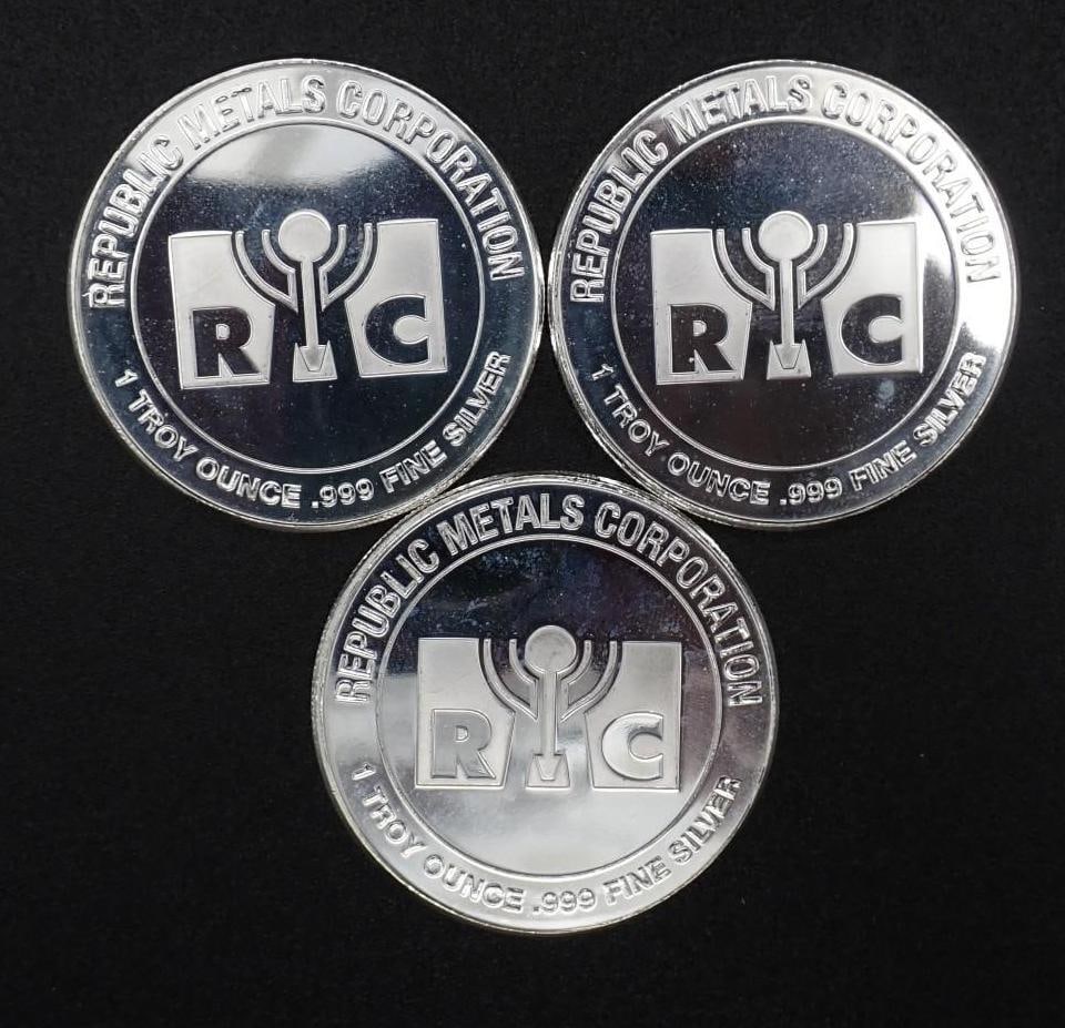 (3) Republic Metals Corporation 1 Ounce .999 Silver Rounds: (3) Republic Metals Corporation 1 Ounce .999 Silver Rounds -