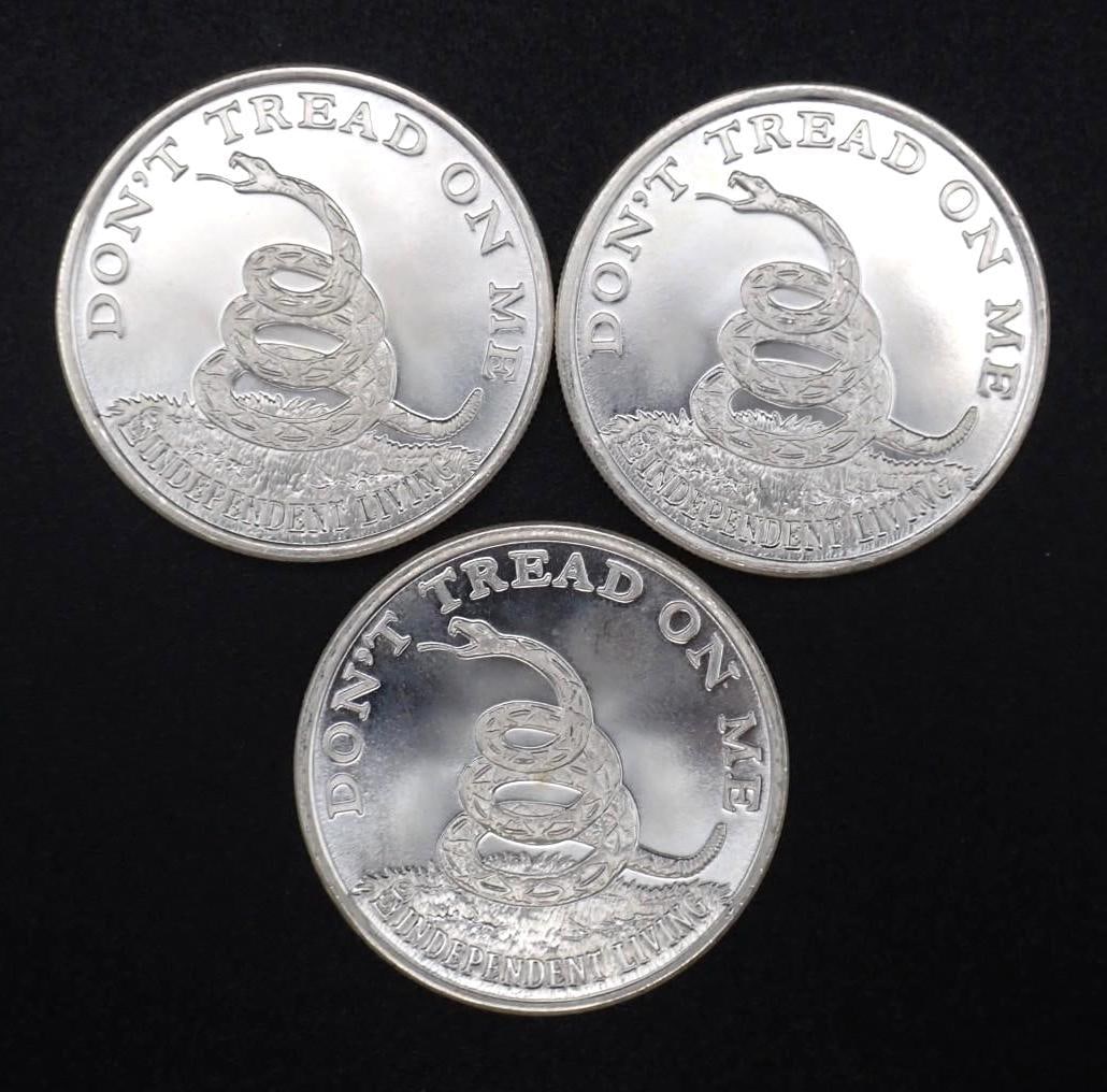 (3) Don't Tread on Me / Boston Tea Party 1 Ounce .999 Silver Rounds: (3) Don't Tread on Me / Boston Tea Party 1 Ounce .999 Silver Rounds -