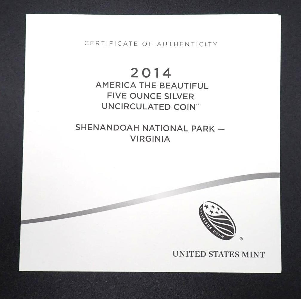 2014 America The Beautiful 5 Ounce .999 Silver Uncirculated Coin - 3