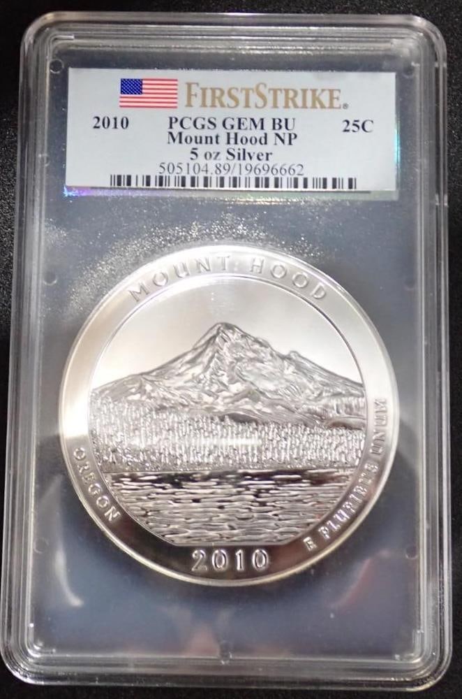 2010 America The Beautiful 5 Ounce .999 Silver Uncirculated Coin: 2010 America The Beautiful 5 Ounce .999 Silver Uncirculated Coin -Mount Hood National Park, Oregon; PCGS GEM BU