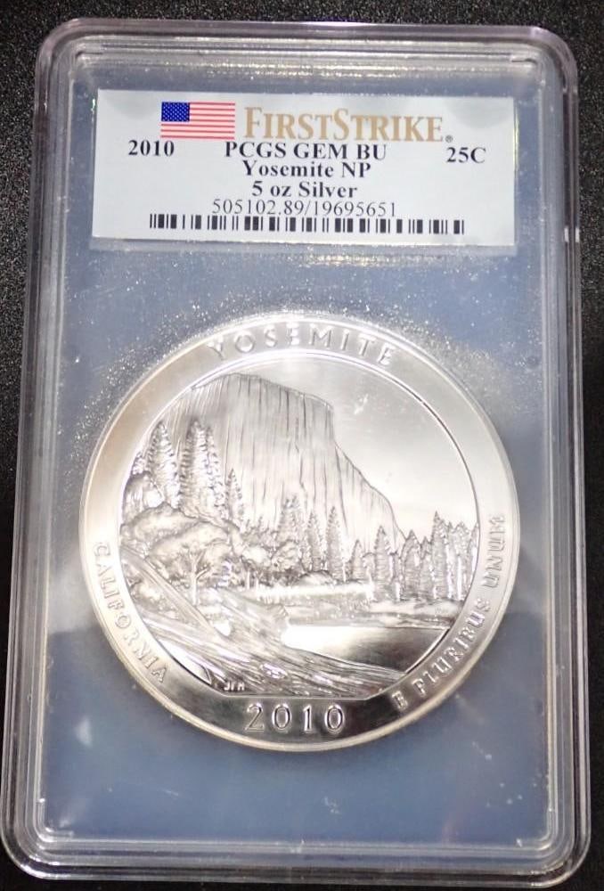 2010 America The Beautiful 5 Ounce .999 Silver Uncirculated Coin: 2010 America The Beautiful 5 Ounce .999 Silver Uncirculated Coin -Yosemite National Park, California; PCGS GEM BU
