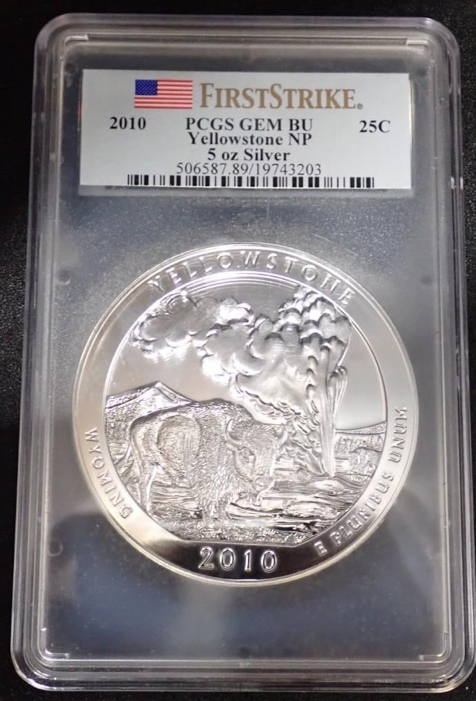 2010 America The Beautiful 5 Ounce .999 Silver Uncirculated Coin: 2010 America The Beautiful 5 Ounce .999 Silver Uncirculated Coin -Yellowstone National Park, Wyoming; PCGS GEM BU