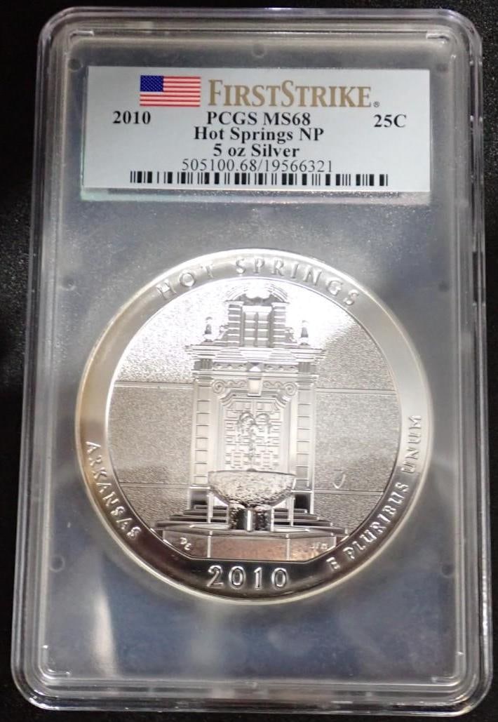 2010 America The Beautiful 5 Ounce .999 Silver Uncirculated Coin: 2010 America The Beautiful 5 Ounce .999 Silver Uncirculated Coin -Hot Springs National Park, Arkansas; PCGS MS68