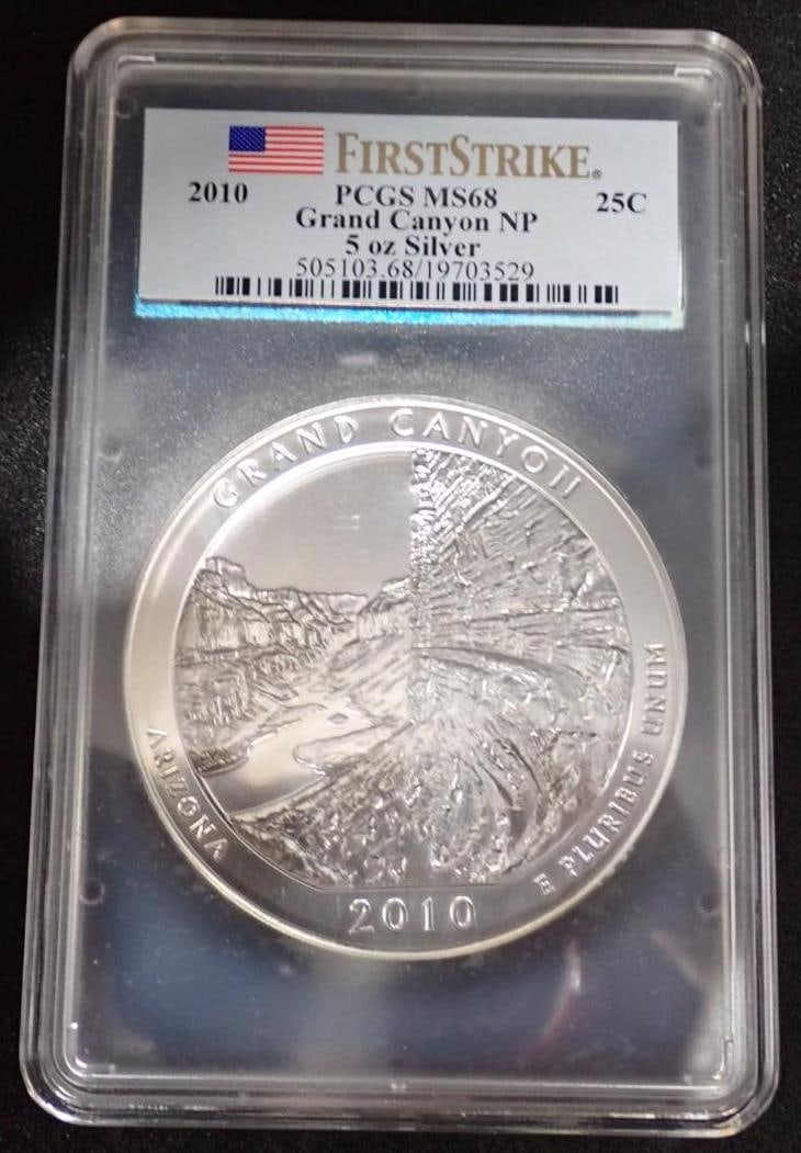 2010 America The Beautiful 5 Ounce .999 Silver Uncirculated Coin: 2010 America The Beautiful 5 Ounce .999 Silver Uncirculated Coin -Grand Canyon National Park, Arizona; PCGS MS68