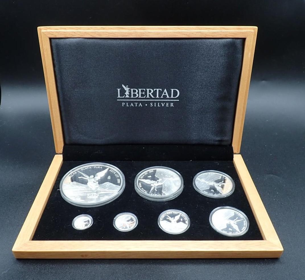 Cased (7) Pc. 2014 Mexico Libertad Proof .999 Silver Coin Set: Cased (7) Pc. 2014 Mexico Libertad Proof .999 Silver Coin Set -5 Oz., 2 Oz., 1 Oz., 1/2 Oz., 1/4 Oz., 1/10 Oz. & 1/20 Oz.; 146/250 sets